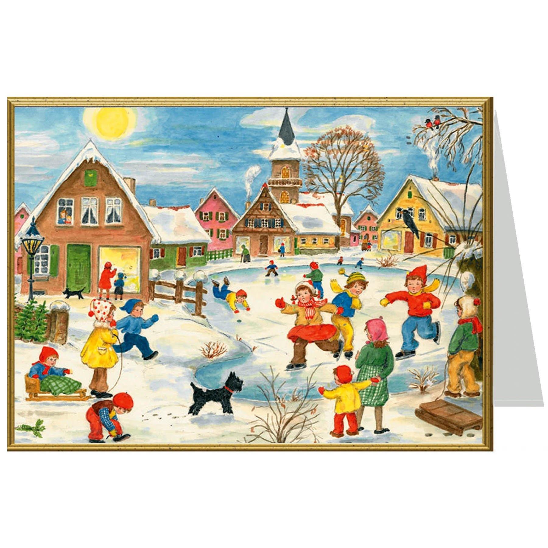 sellmer-verlag-weihnachtskarte-kinder-spielen-im-winter-klappkarte-querformat image 1