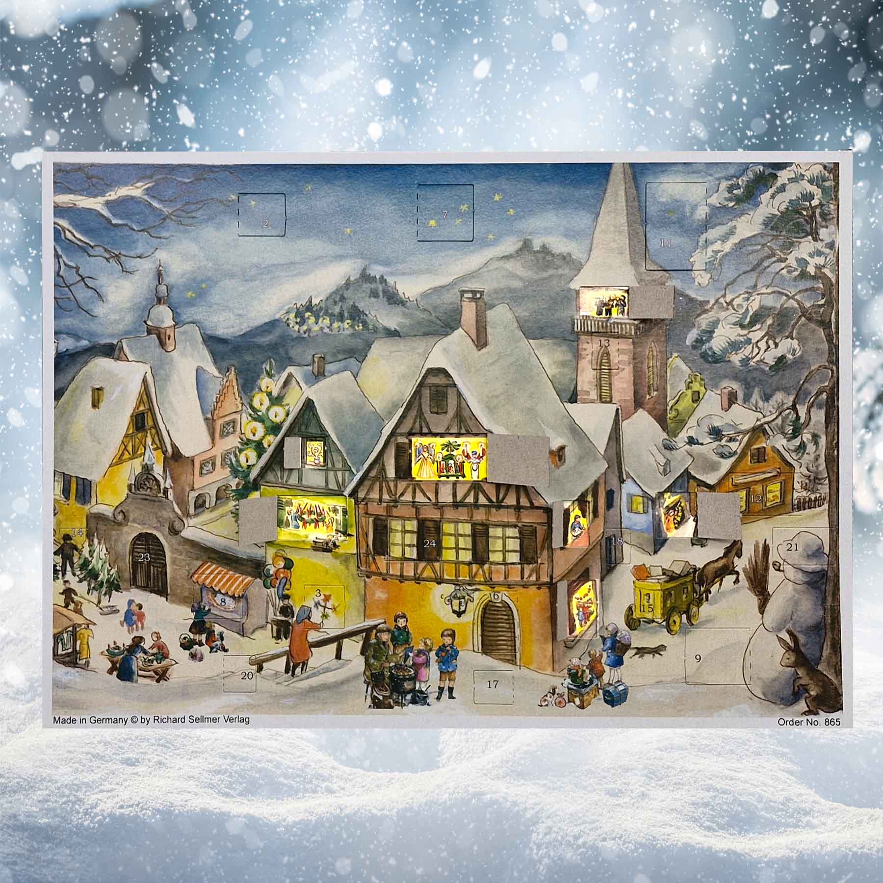 sellmer-verlag-adventskalender-a4-verschneites-dorf-papierkalender-querformat image 2