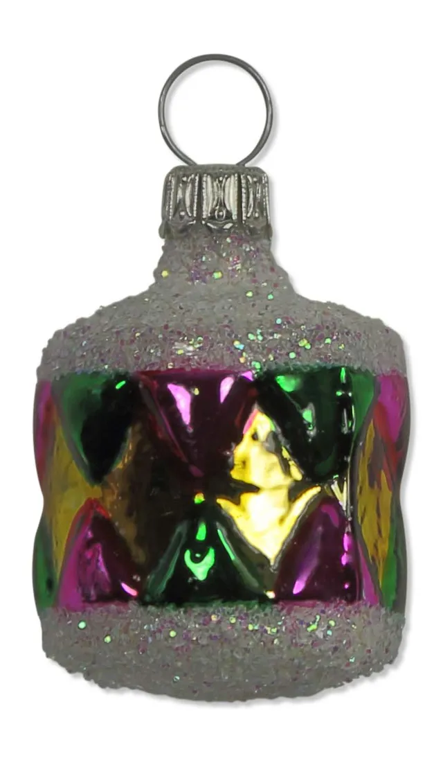 lauschaer-glas-christbaumschmuck-kleine-trommel-gold-gr-n-mundgeblasen image 1