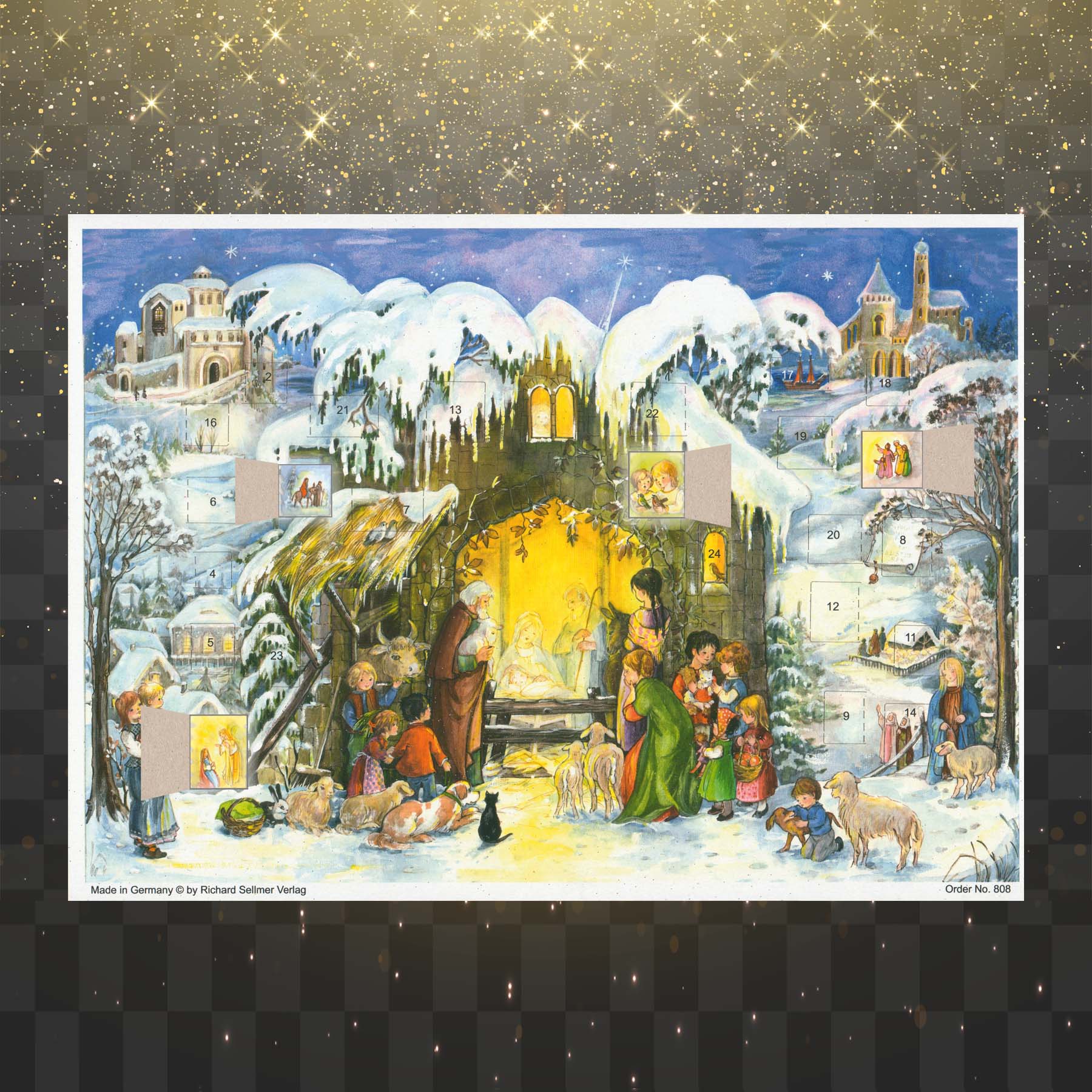 sellmer-verlag-adventskalender-a4-jesus-ist-geboren-krippe-mit-glimmer image 2