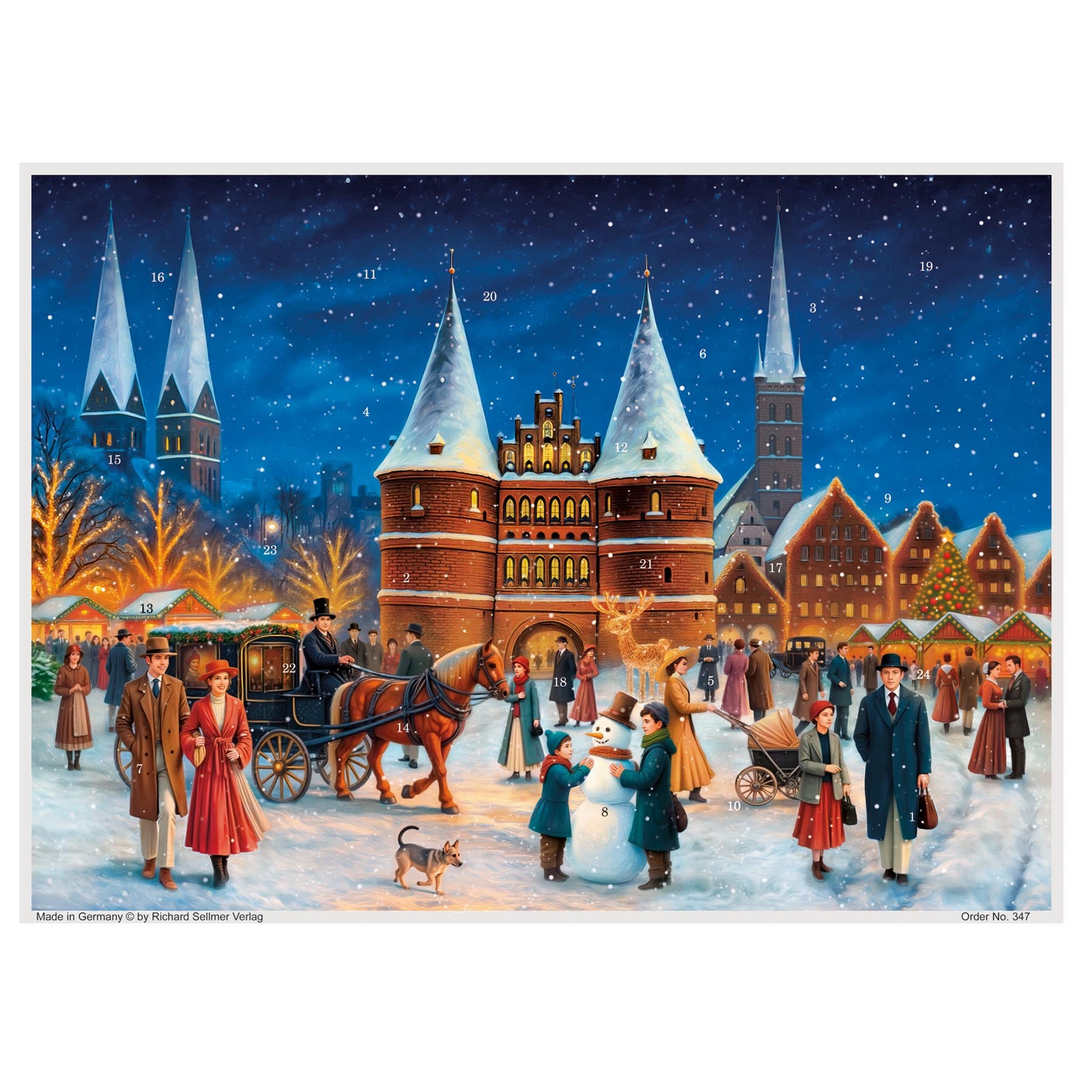 sellmer-verlag-adventskalender-buntes-treiben-vor-dem-holstentor-a3-stadt-motiv image 1