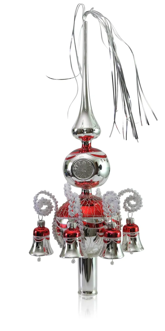 lauschaer-glas-doppelspitze-silber-rot-mit-gl-ckchen-l-33-cm-kugeln-6-8-cm image 1