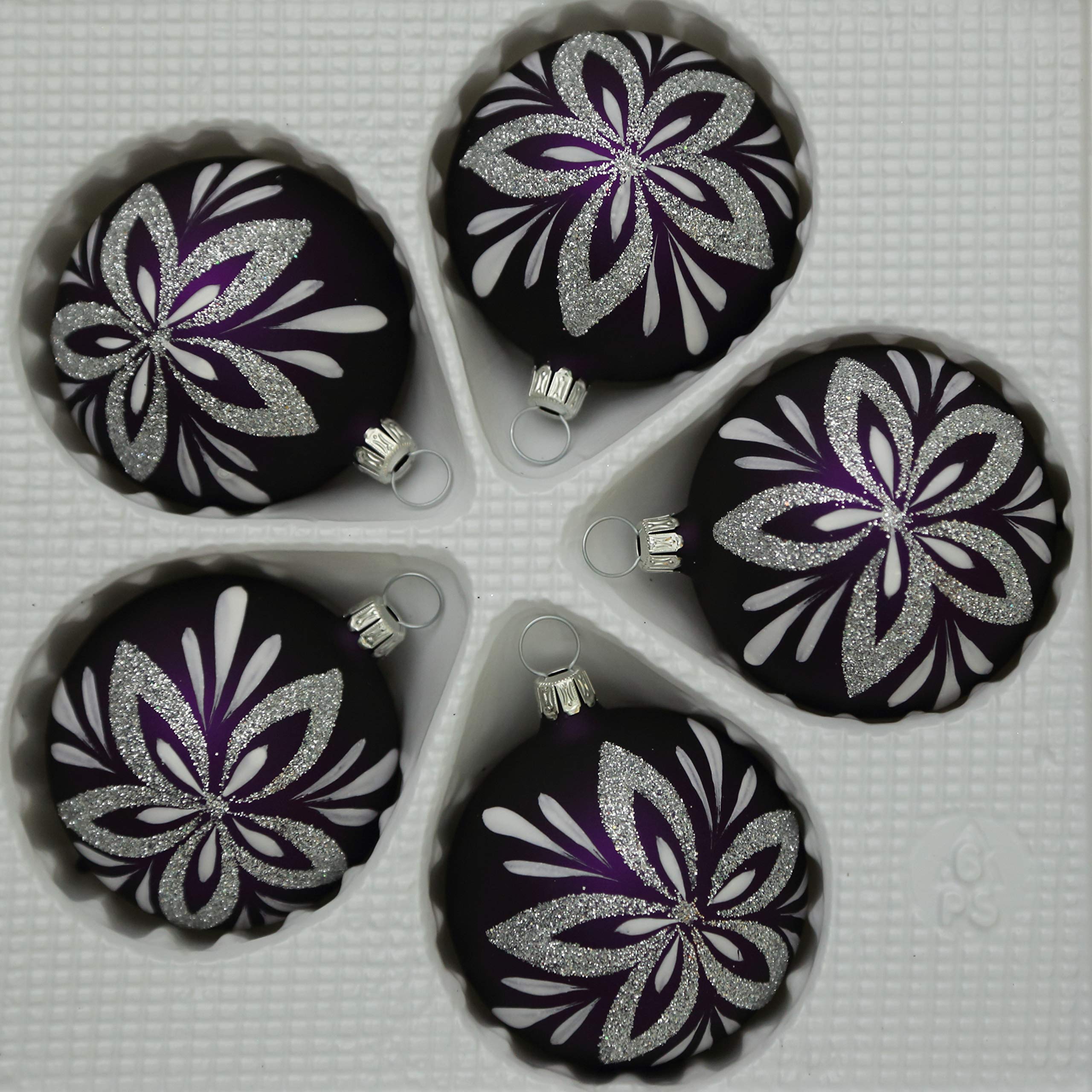 lauschaer-glas-christbaumkugeln-lila-matt-mit-blumendekor-5-st-ck-d-6cm image 2