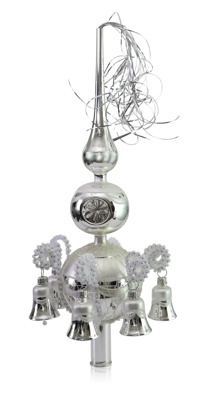 lauschaer-glas-doppelspitze-silber-mit-gl-ckchen-l-33-cm-kugeln-6-8-cm image 1