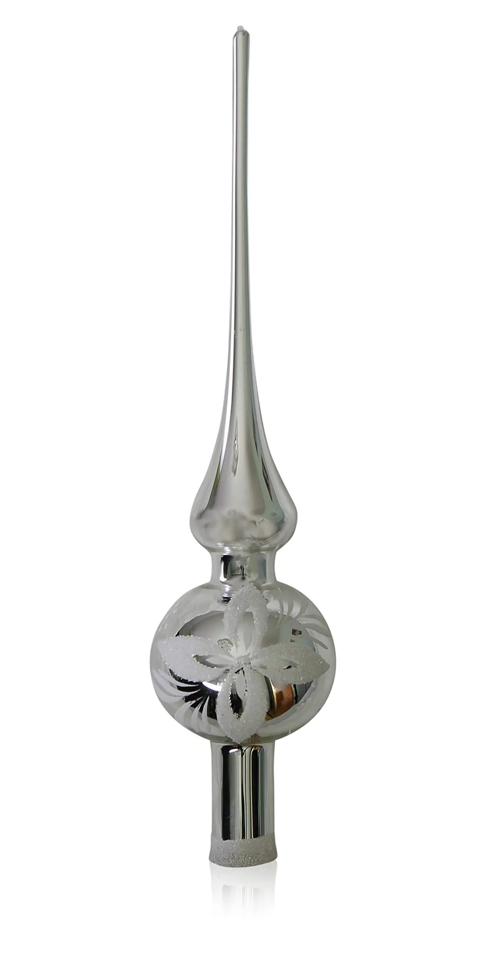 lauschaer-glas-christbaumschmuck-spitze-silber-mit-wei-en-blumen-d-6cm image 1