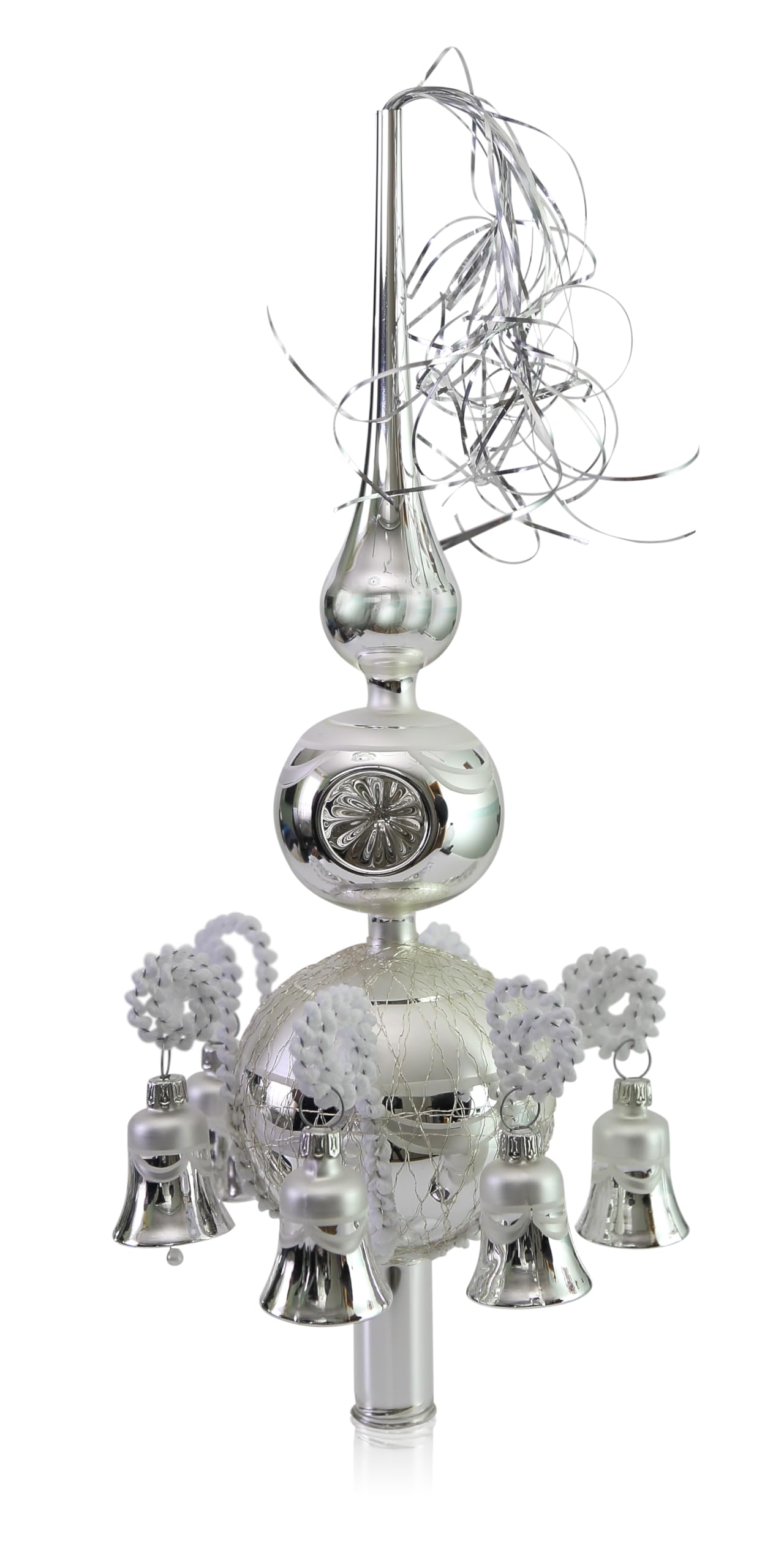 lauschaer-glas-doppelspitze-silber-mit-gl-ckchen-l-33-cm-kugeln-6-8-cm image 1