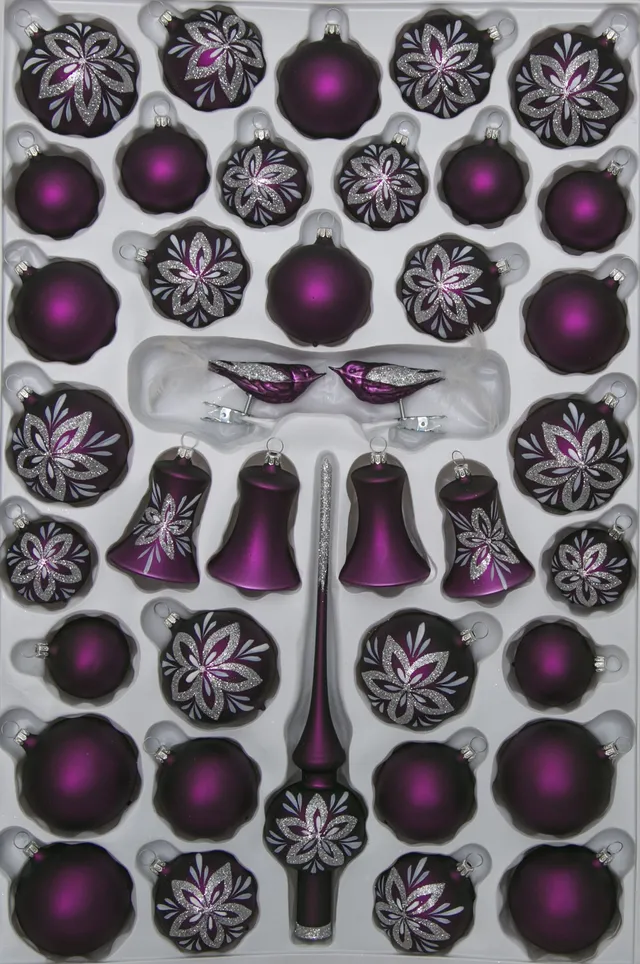 lauschaer-glas-christbaumschmuck-sortiment-glocken-lila-matt-blumendekor-39-teil image 1