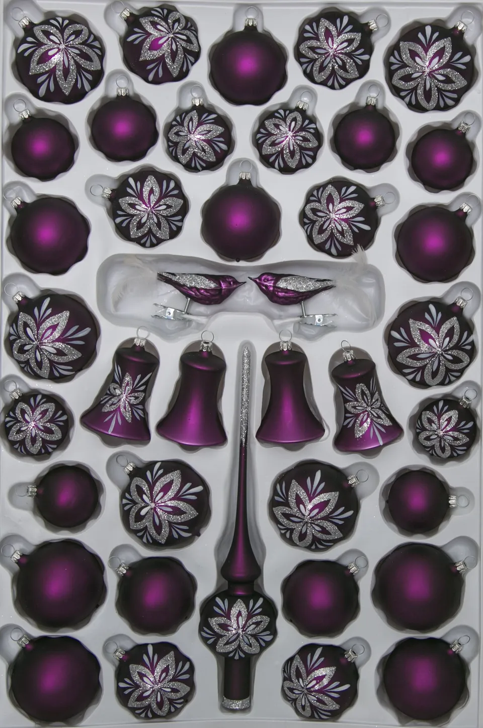lauschaer-glas-christbaumschmuck-sortiment-glocken-lila-matt-blumendekor-39-teil image 1