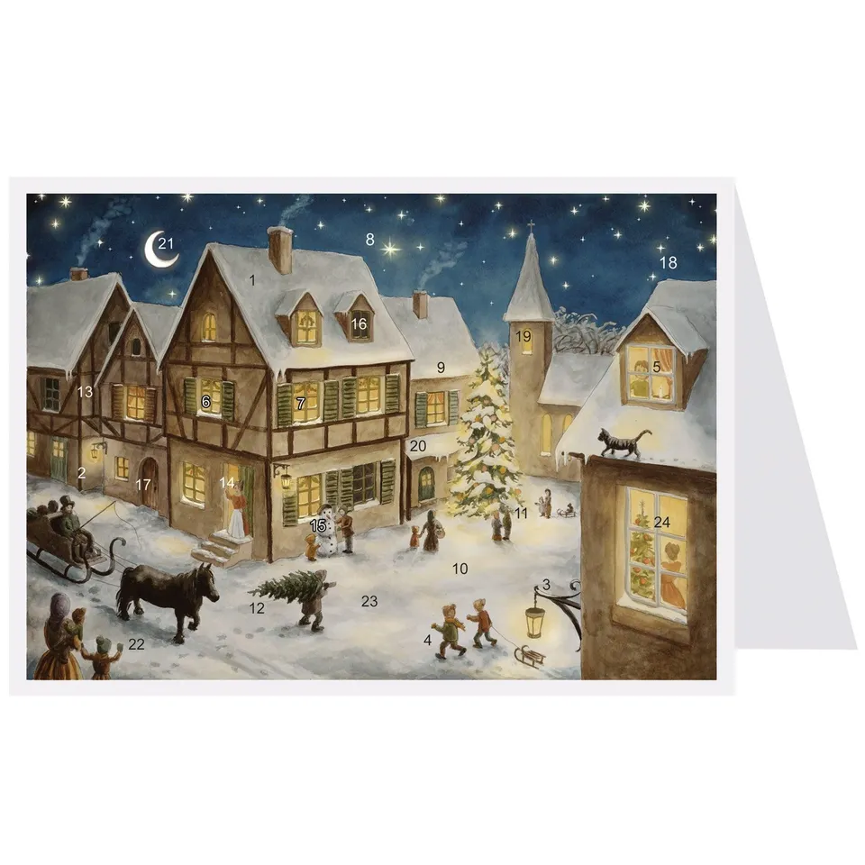 sellmer-verlag-postkarten-adventskalender-weihnachtsabend-im-dorf-querformat image 1