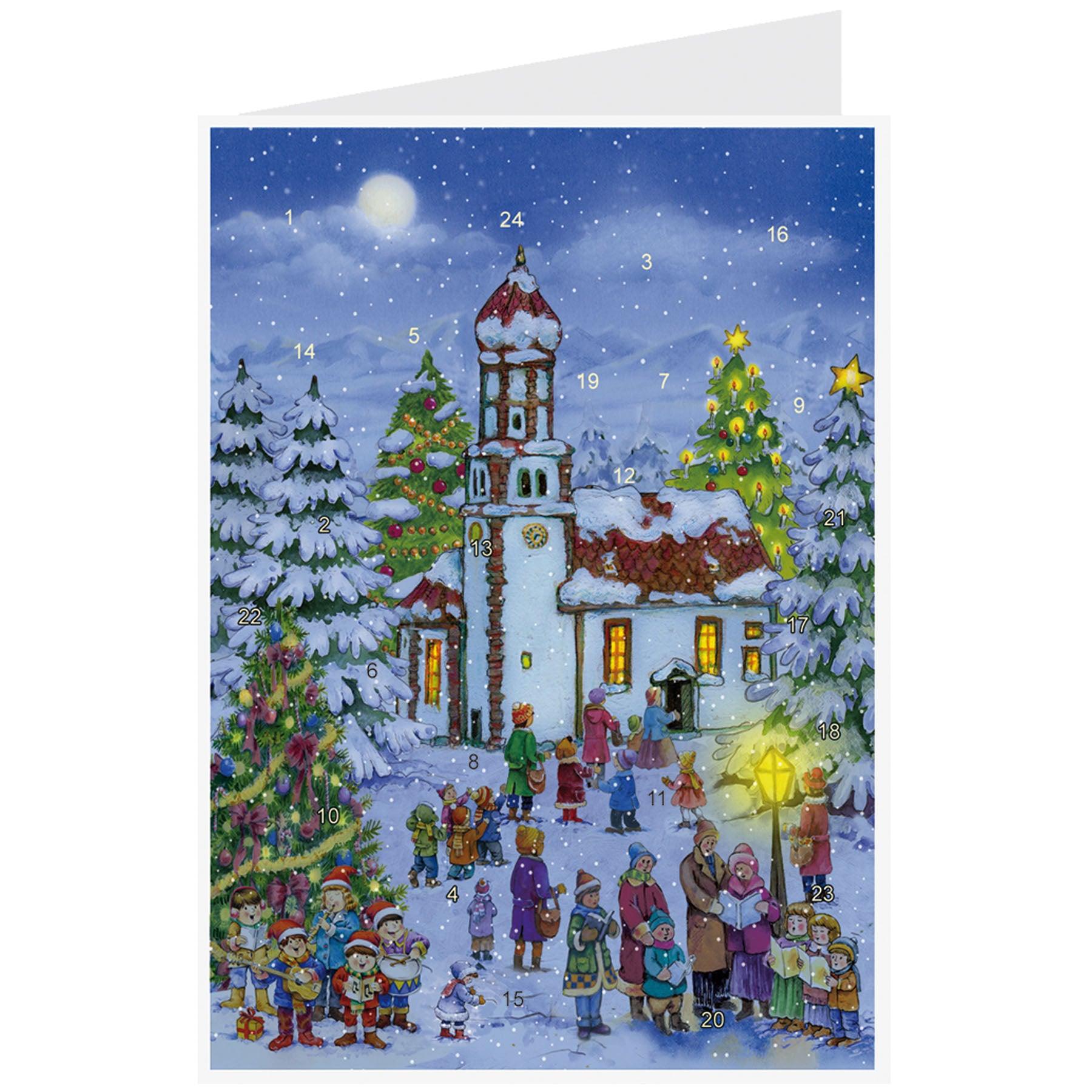 sellmer-verlag-postkarten-adventskalender-heilig-abend-an-der-kirche-a5-quer image 1