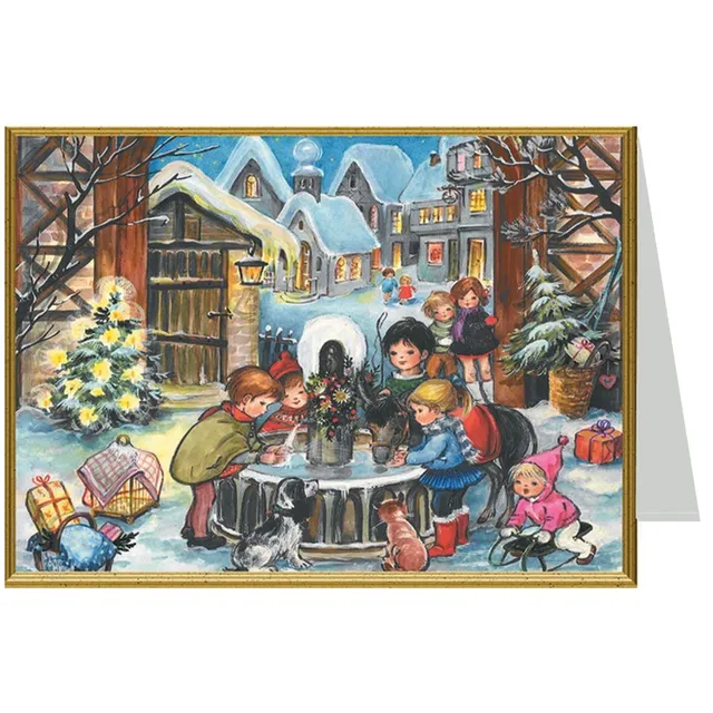sellmer-verlag-weihnachtskarte-winter-am-brunnen-nostalgische-dorfszene-querform image 1