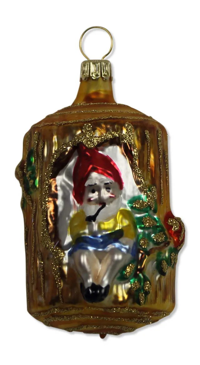 lauschaer-glas-christbaumschmuck-zwerg-vor-baumstumpf-mundgeblasen-handdekoriert image 1