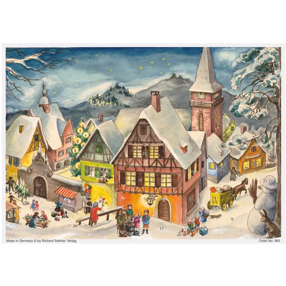 sellmer-verlag-adventskalender-a4-verschneites-dorf-papierkalender-querformat image 1