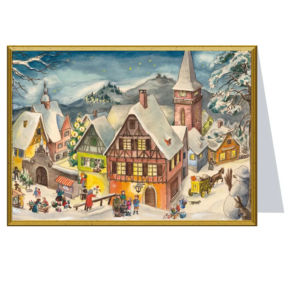 sellmer-verlag-weihnachtskarte-verschneites-dorf-querformat-mit-umschlag image 1