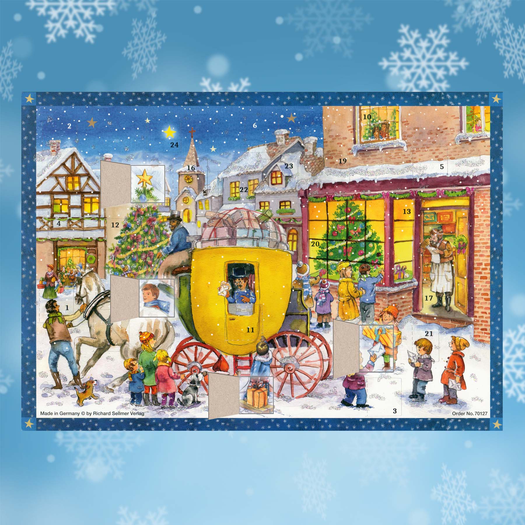 sellmer-verlag-adventskalender-die-postkutsche-kommt-26-5-x-35-5-cm-mit-glimmer image 2