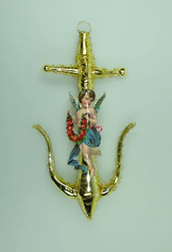 lauschaer-glas-anker-mit-engel-umsponnen-leonischer-draht-christbaumschmuck image 1