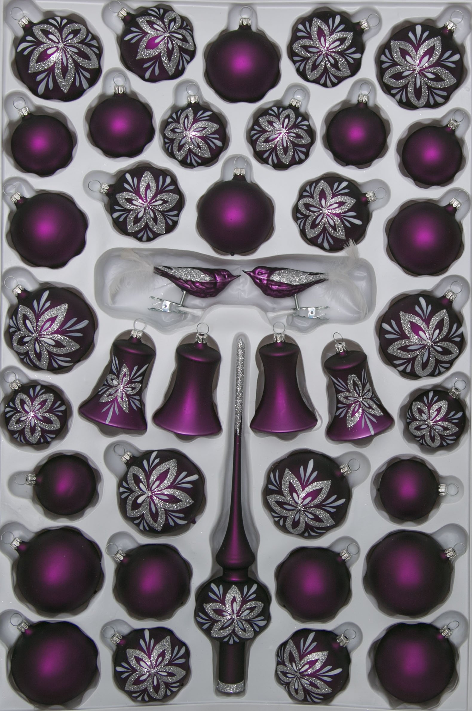 lauschaer-glas-christbaumschmuck-sortiment-glocken-lila-matt-blumendekor-39-teil image 1
