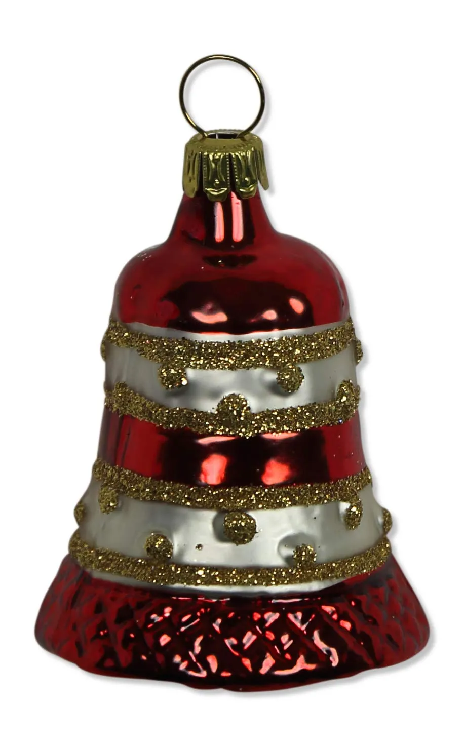 lauschaer-glas-christbaumschmuck-kleine-glocke-wei-matt-rot-mundgeblasener-baums image 1