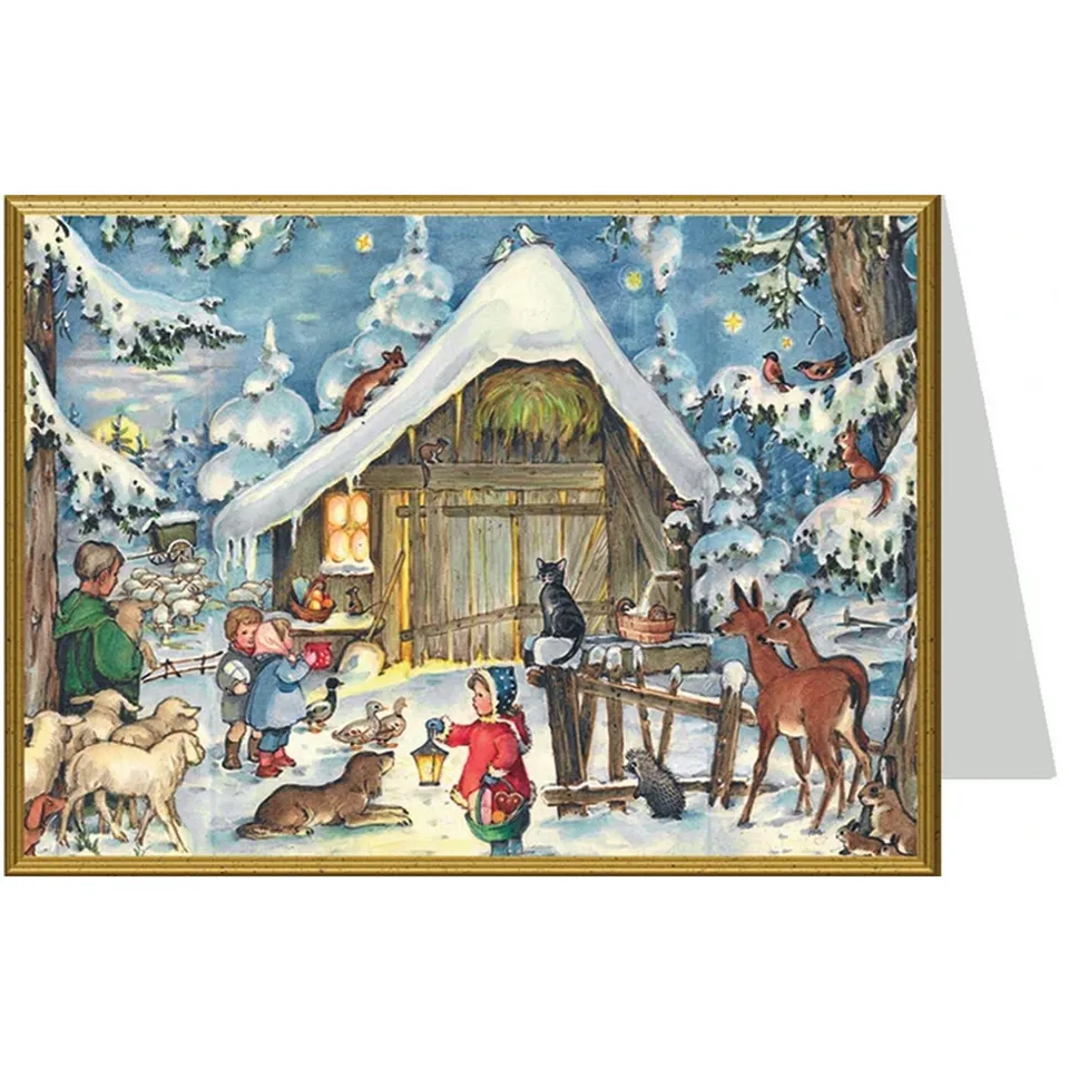 sellmer-verlag-weihnachtskarte-mit-den-tieren-am-stall-b6-querformat image 1