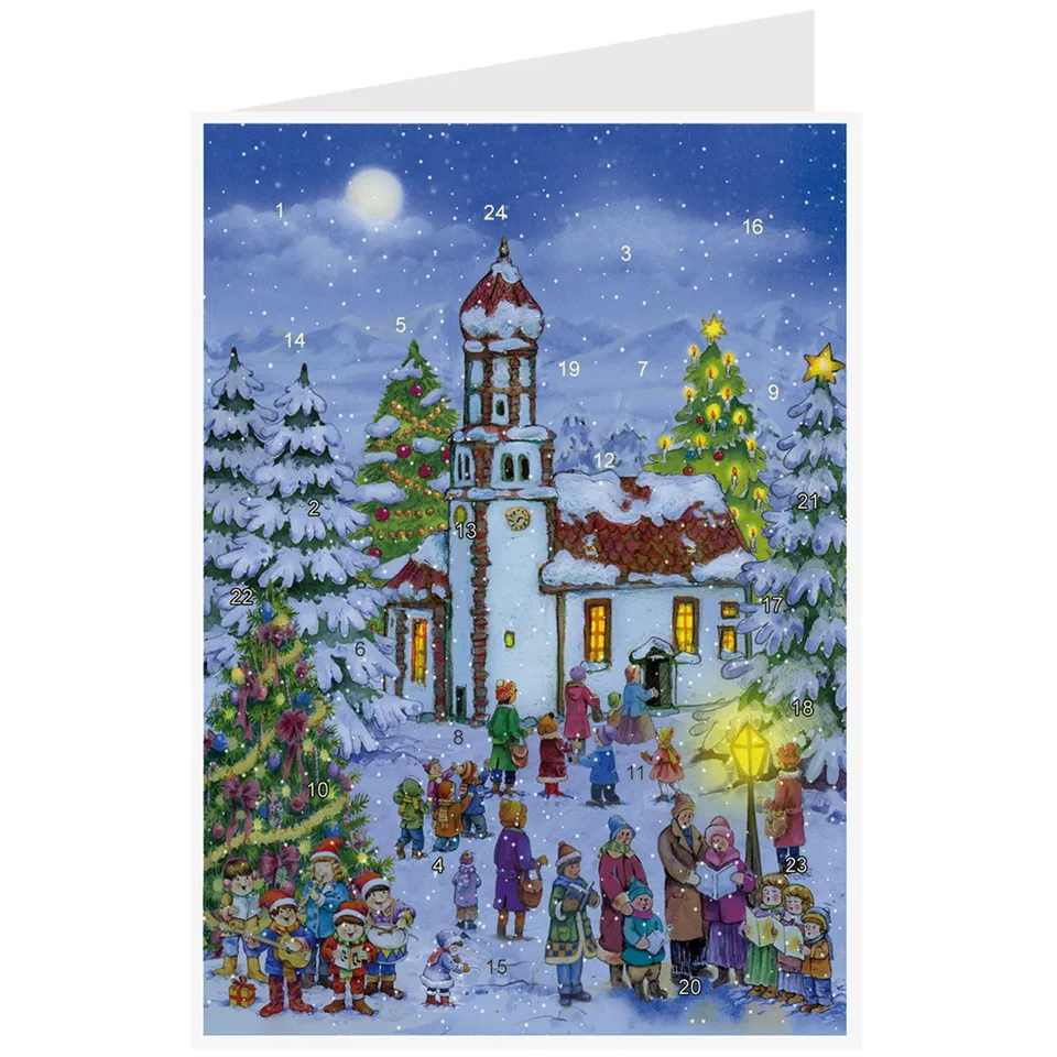sellmer-verlag-postkarten-adventskalender-heilig-abend-an-der-kirche-a5-quer image 1