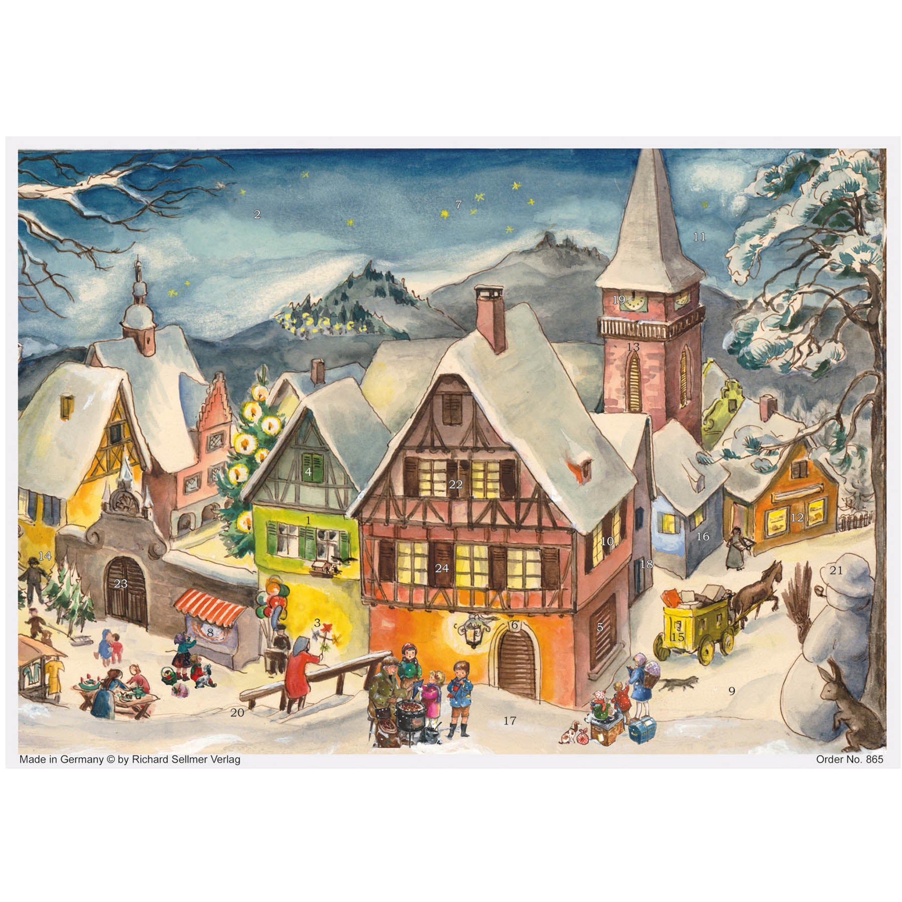 sellmer-verlag-adventskalender-a4-verschneites-dorf-papierkalender-querformat image 1